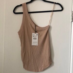 Women's Tan Ribbed Zara One-Shoulder Top